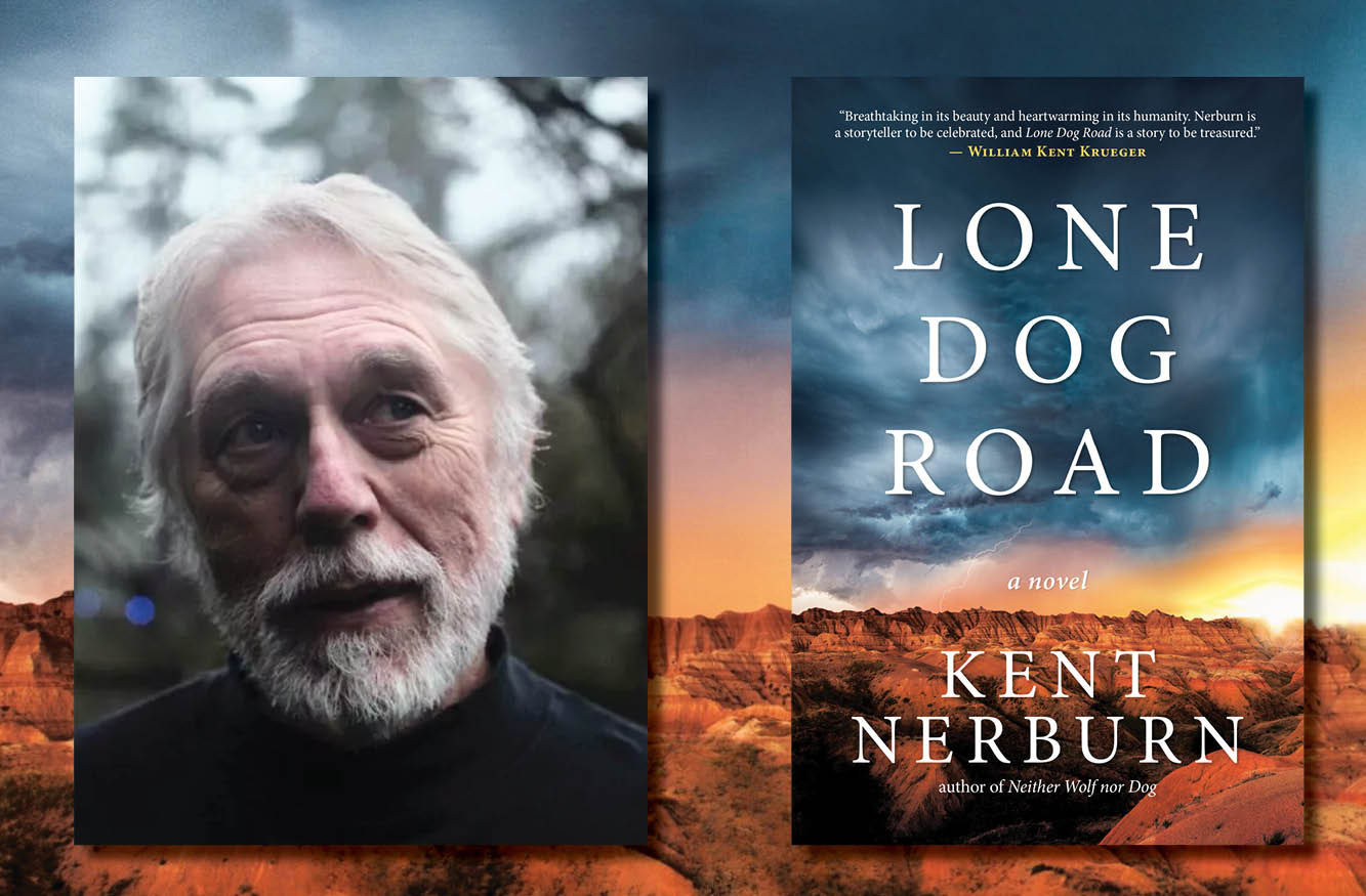 Graphic containing a photo of Kent Nerburn and the cover of Lone Dog Road.